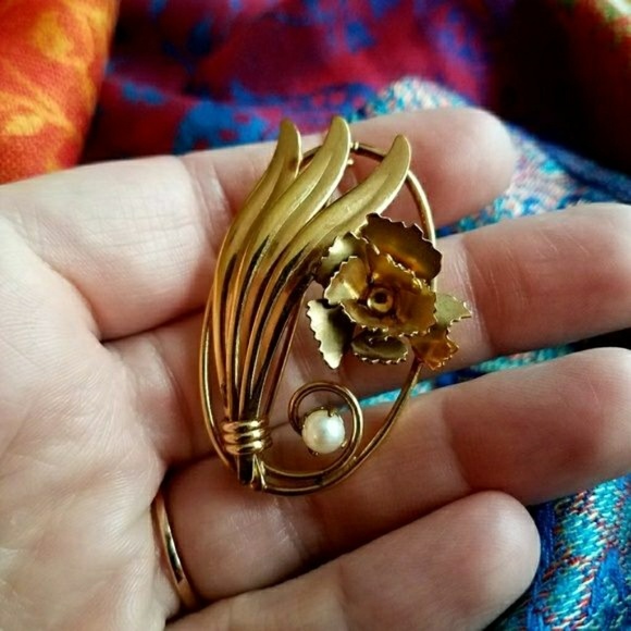 Vintage brooch CarlArt gold fill real pearl pin flower floral - Picture 2 of 6